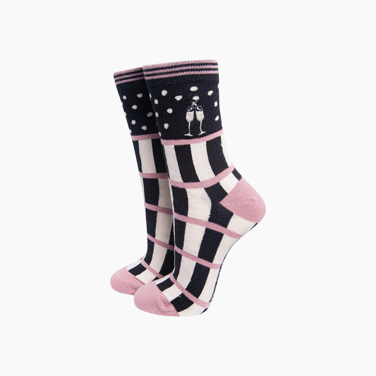Champagne Glasses Combed Cotton Pattern Embroidered Socks in Black