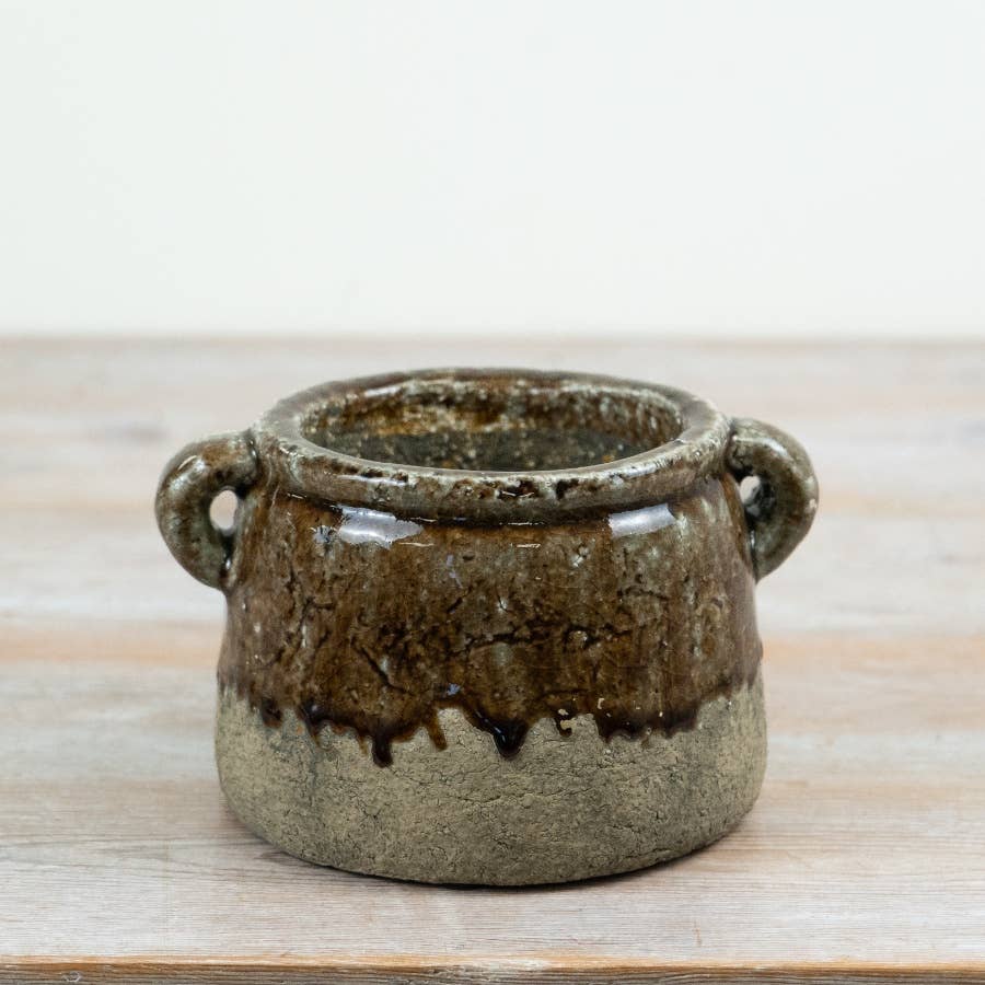 Stoneware Pot Antique Look - Green Glaze, 18cm