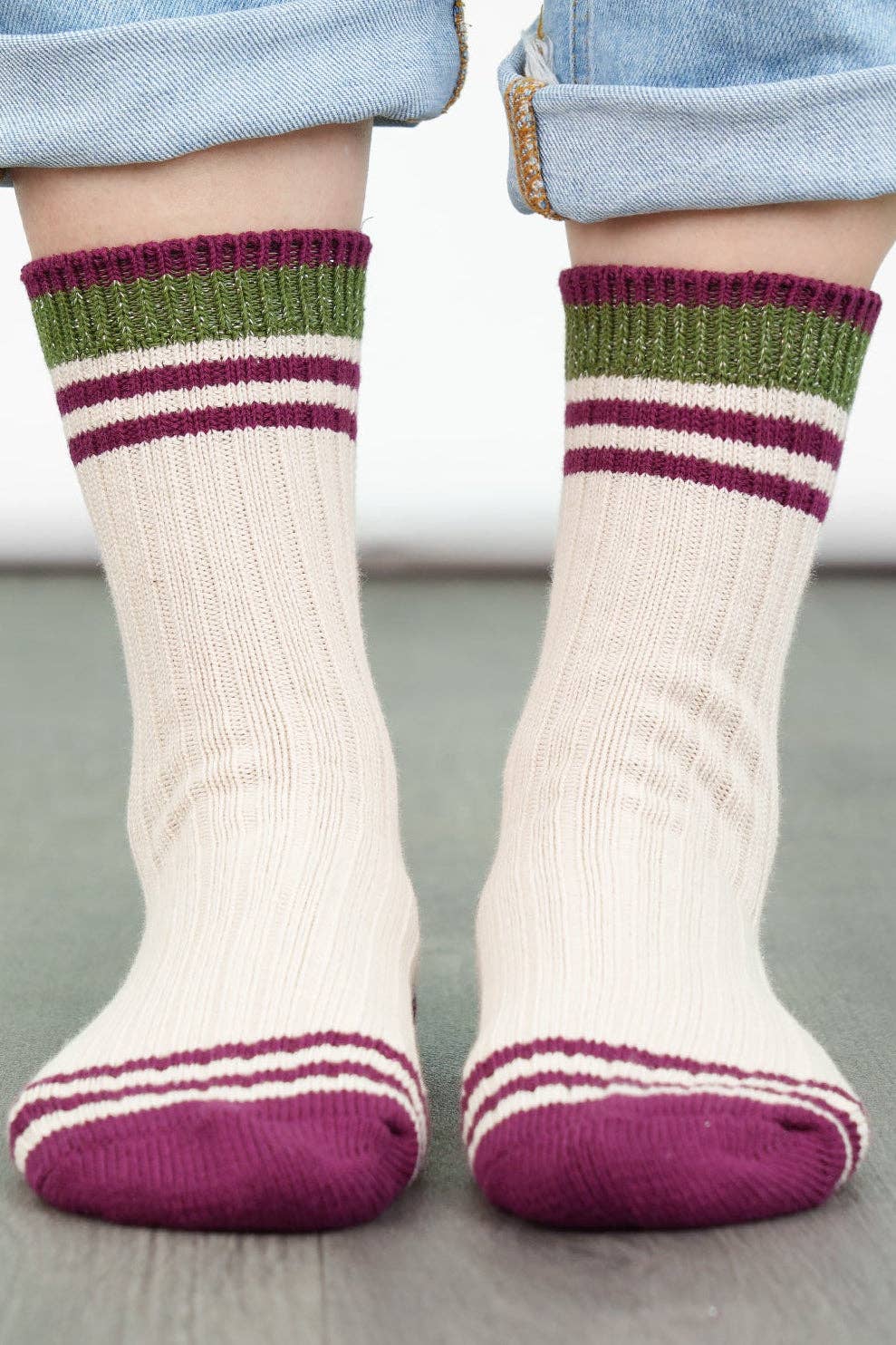 Women's Mid-Calf Socks- Cream/Khaki, Striped Cuff